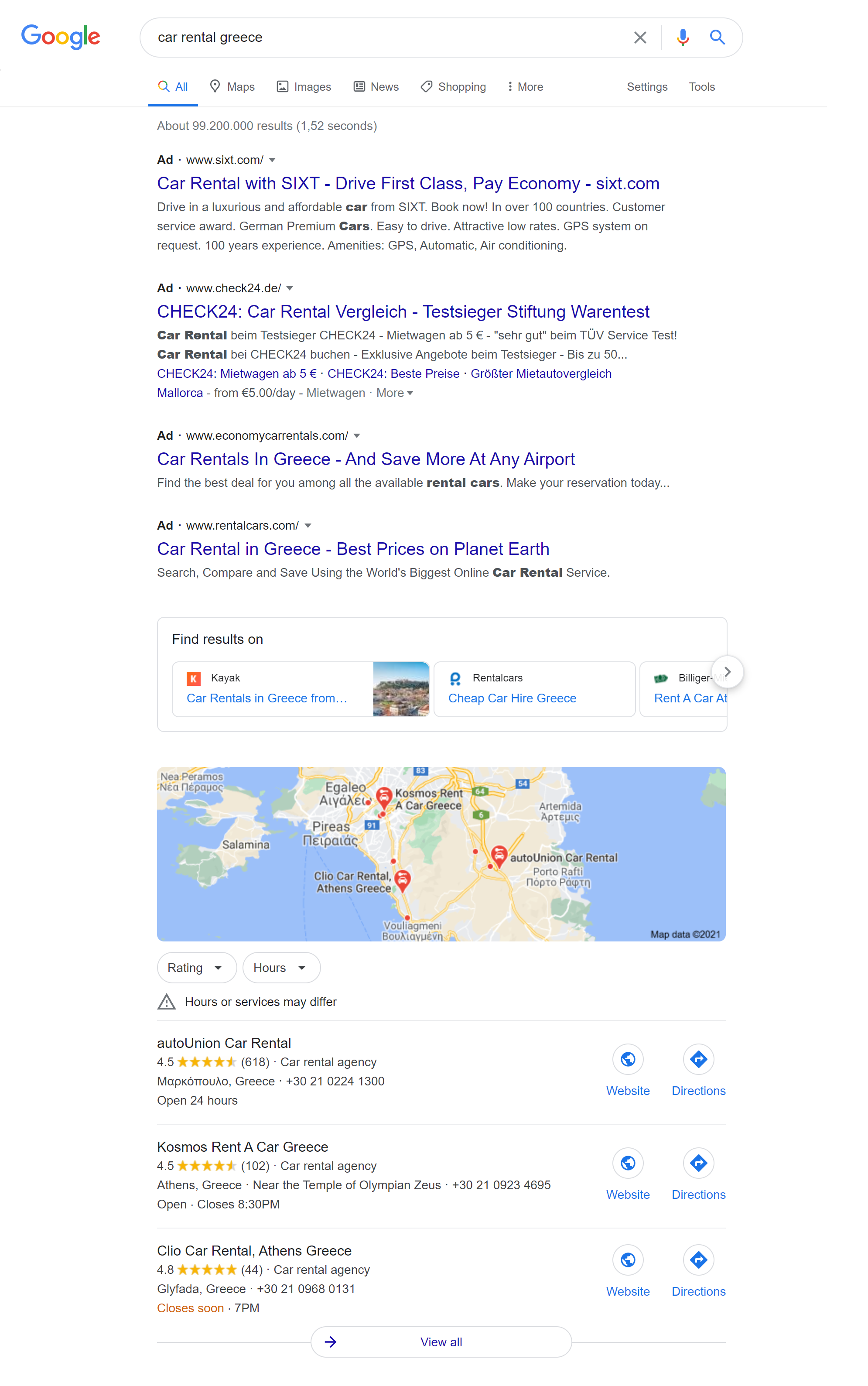 car rental matches in Google search results.