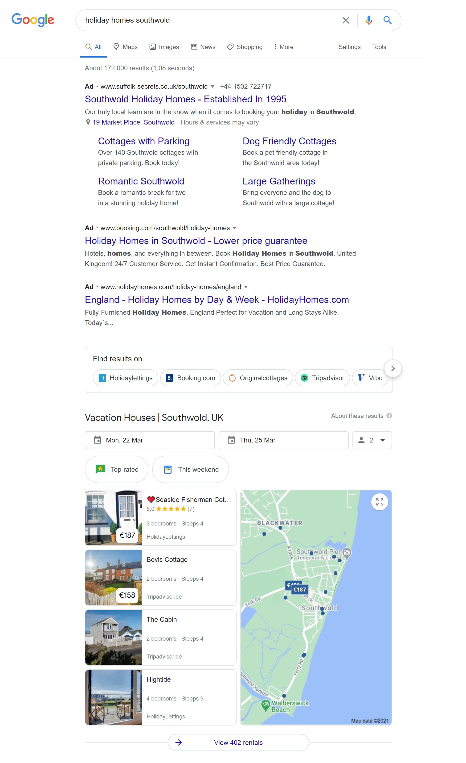 Google search holiday homes feature with additional ads before the first organic result.