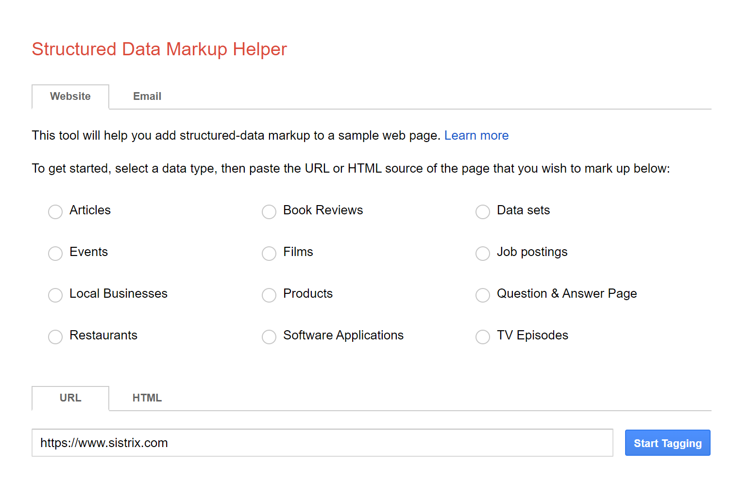 Image of the structured data markup helper