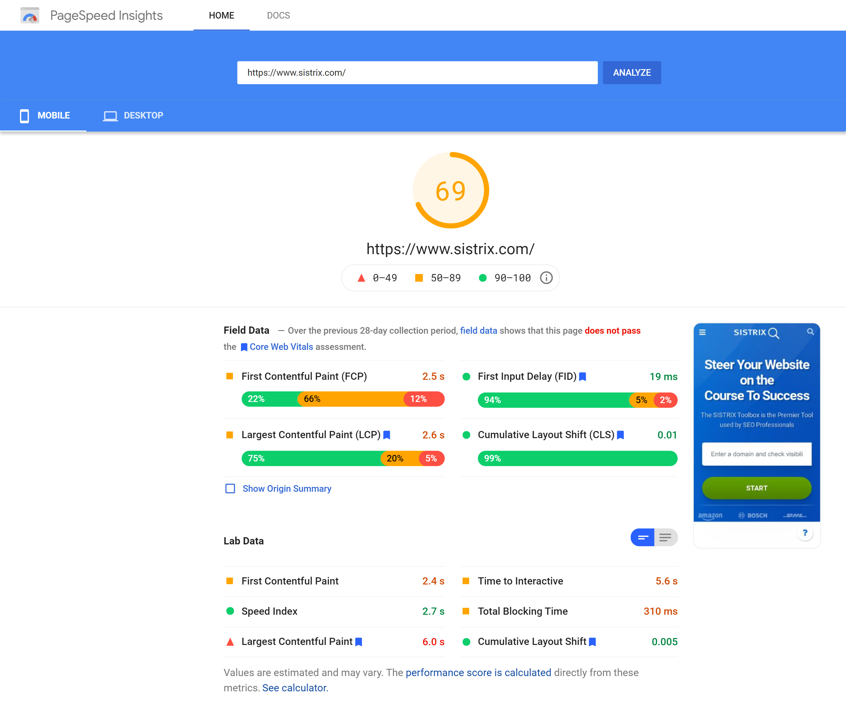 A Pagespeed Insights example resutls page.