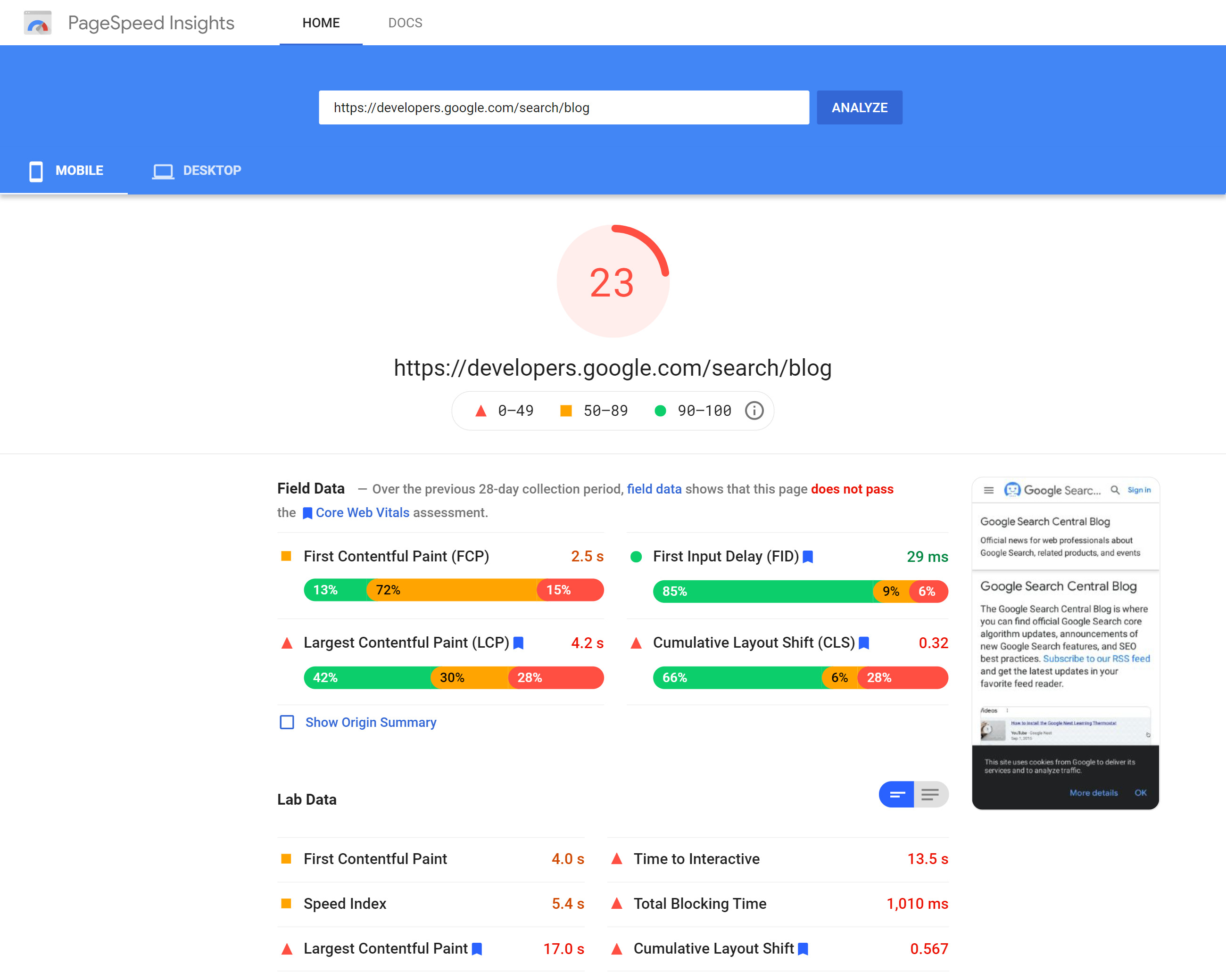 Page Speed Insights tool. Example result.