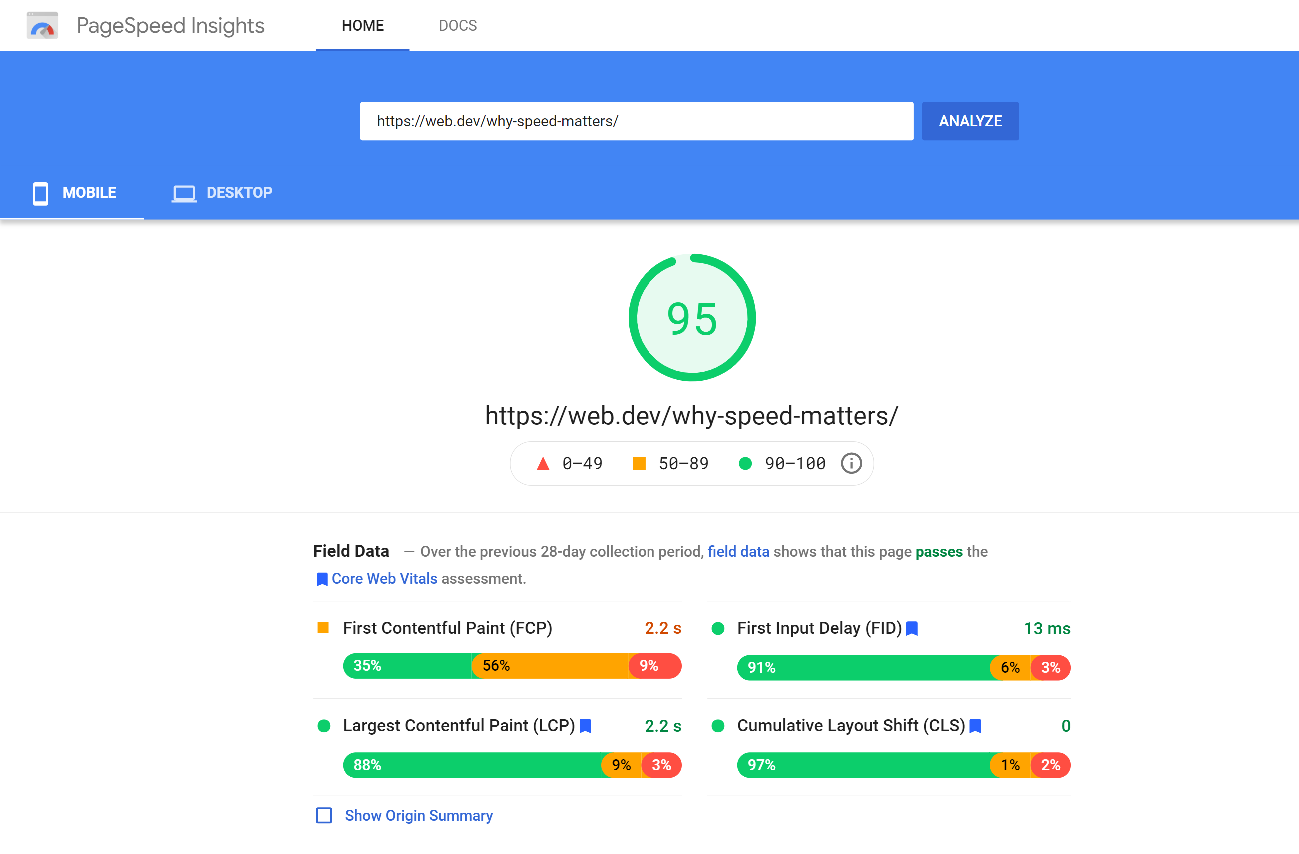 Field data from PageSpeed Insights