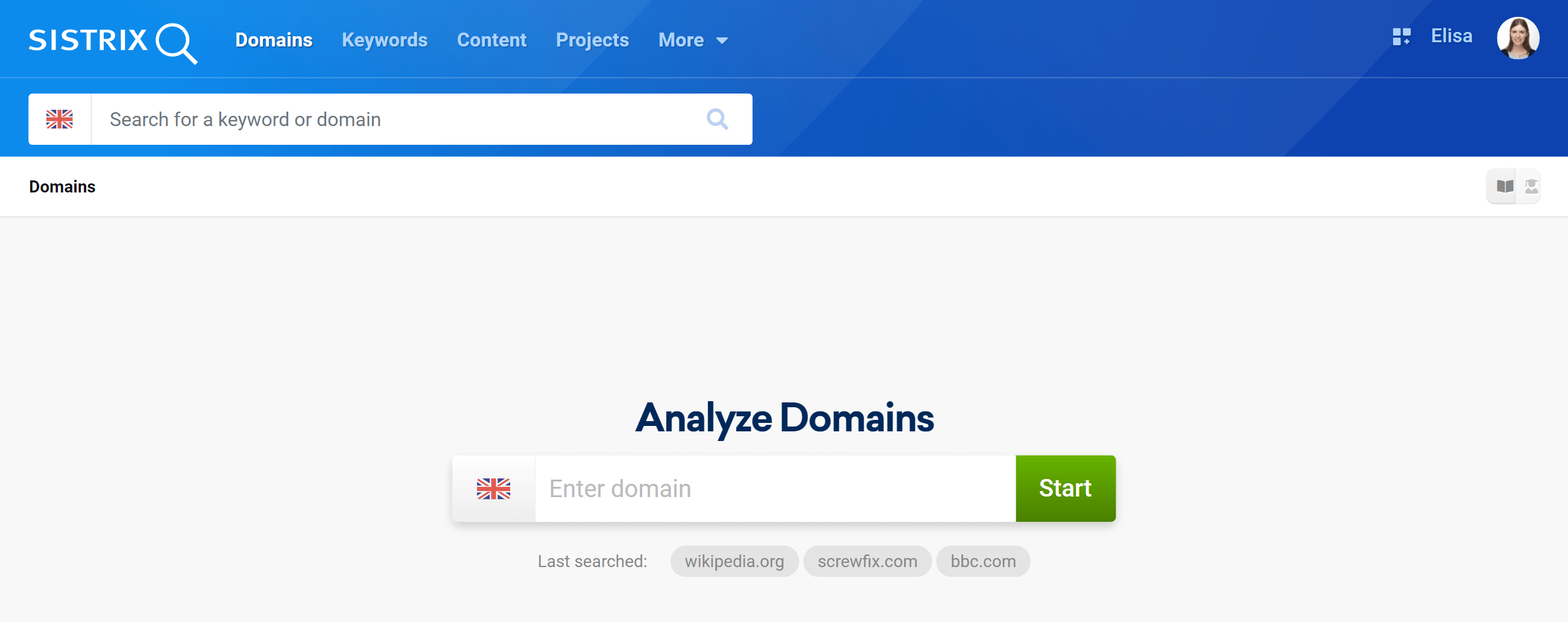 Naigation bar of the section called Domains