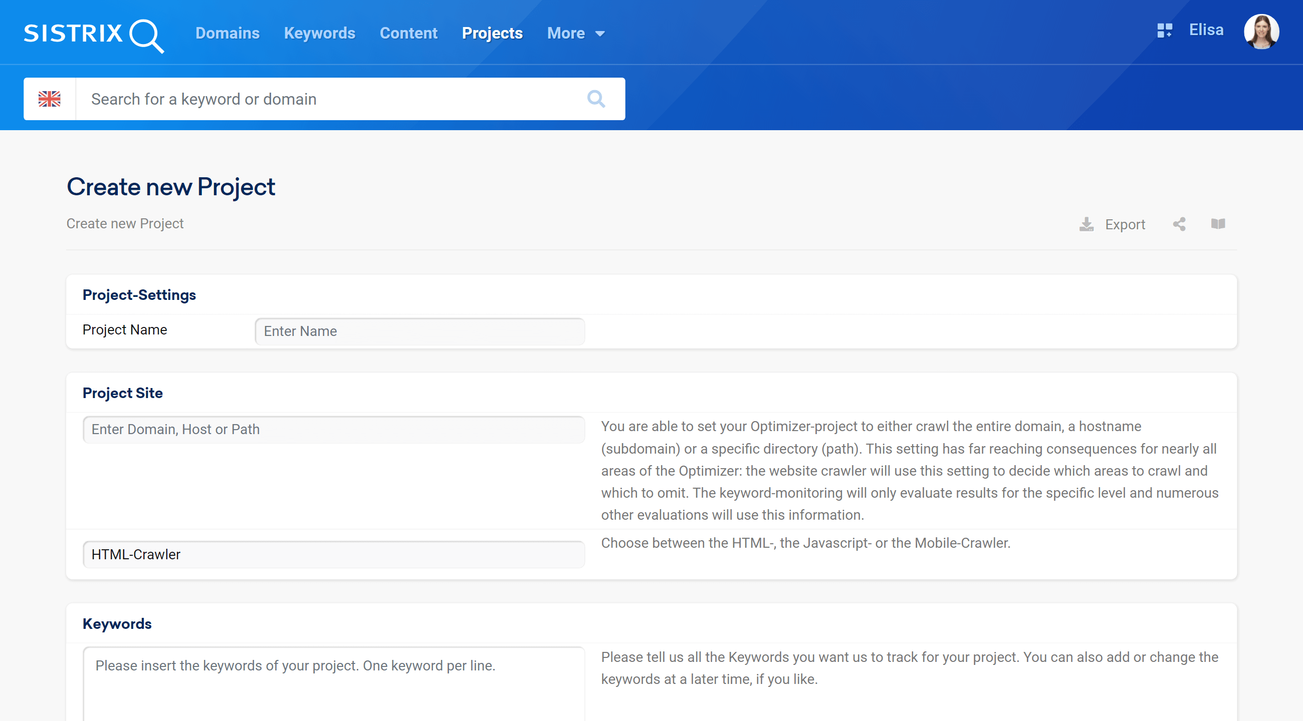 How to create a new project in the Optimizer