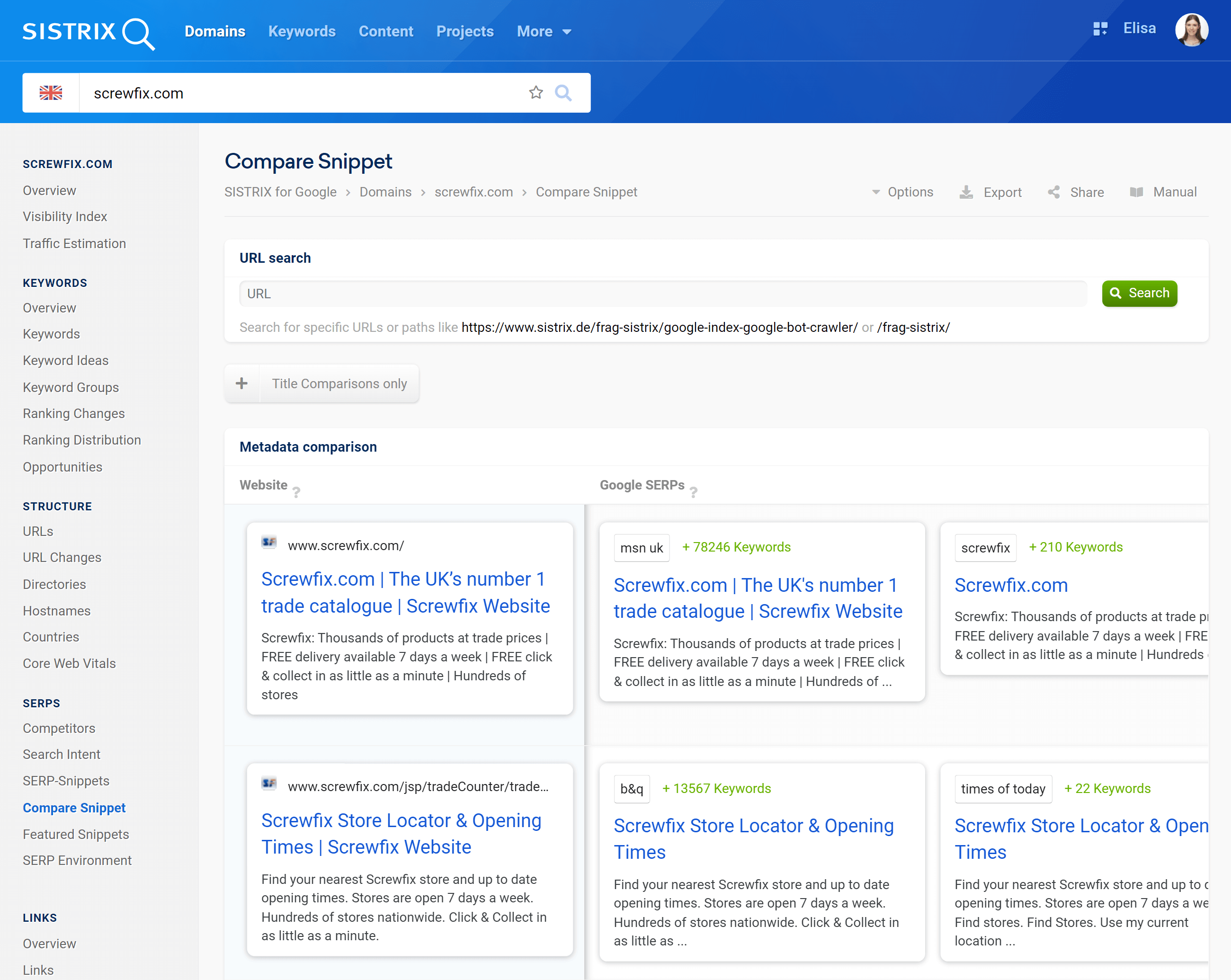 The feature Compare Snippet in SISTRIX