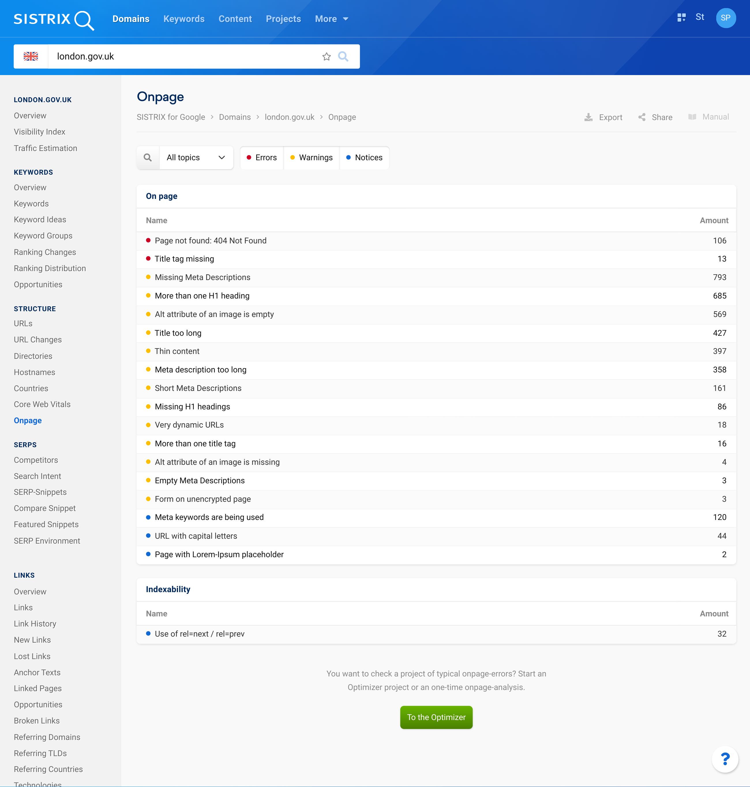 Pre-crawled on-page analysis example in the SISTRIX Toolbox