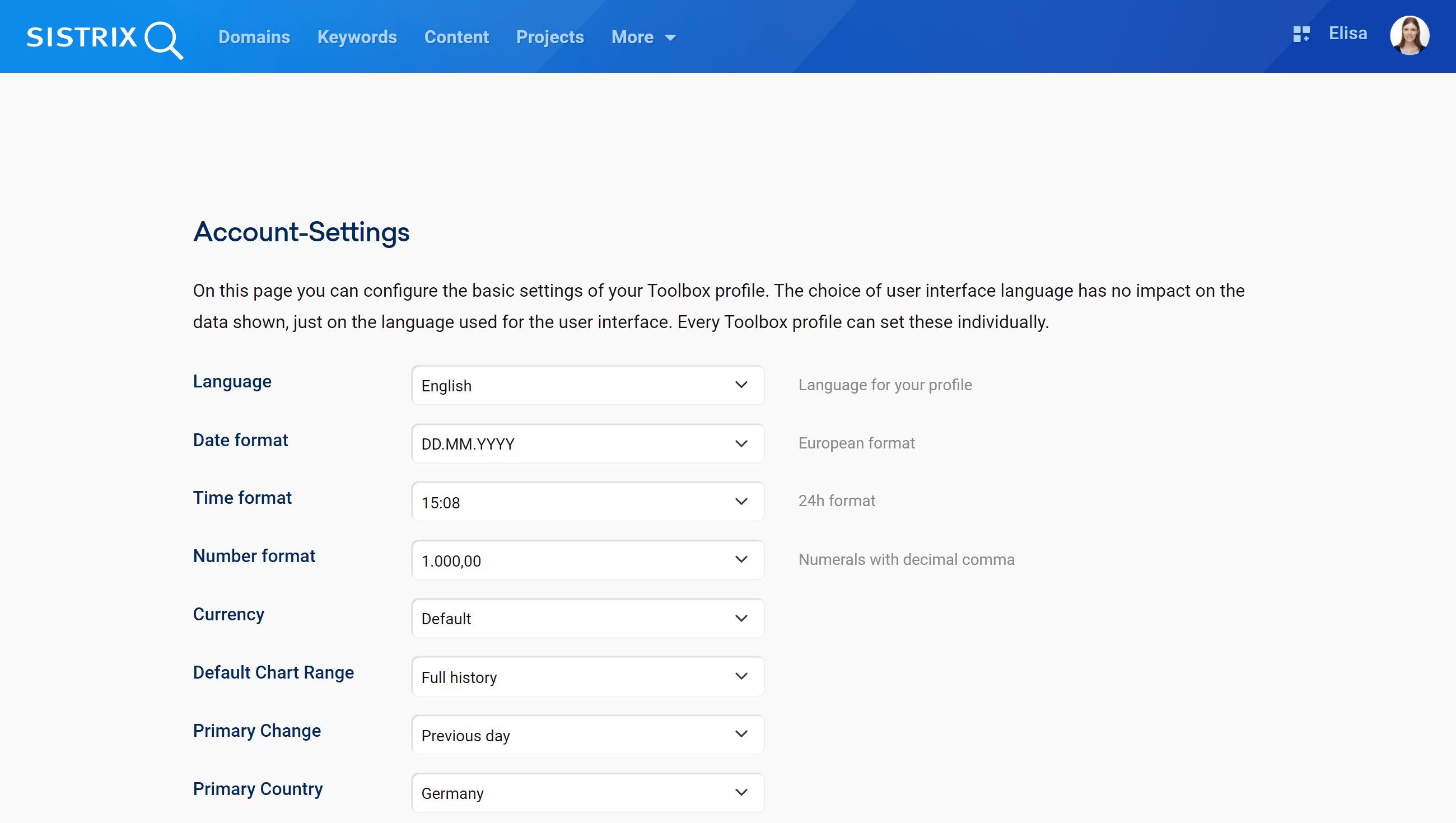 The account-settings in the Toolbox