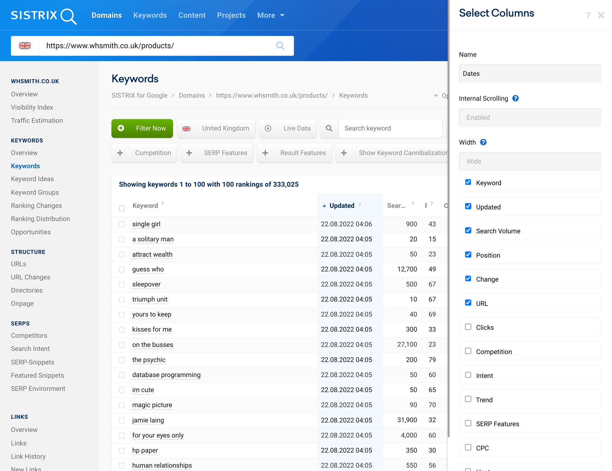 The column selector and live timestamps in the SISTRIX Toolbox