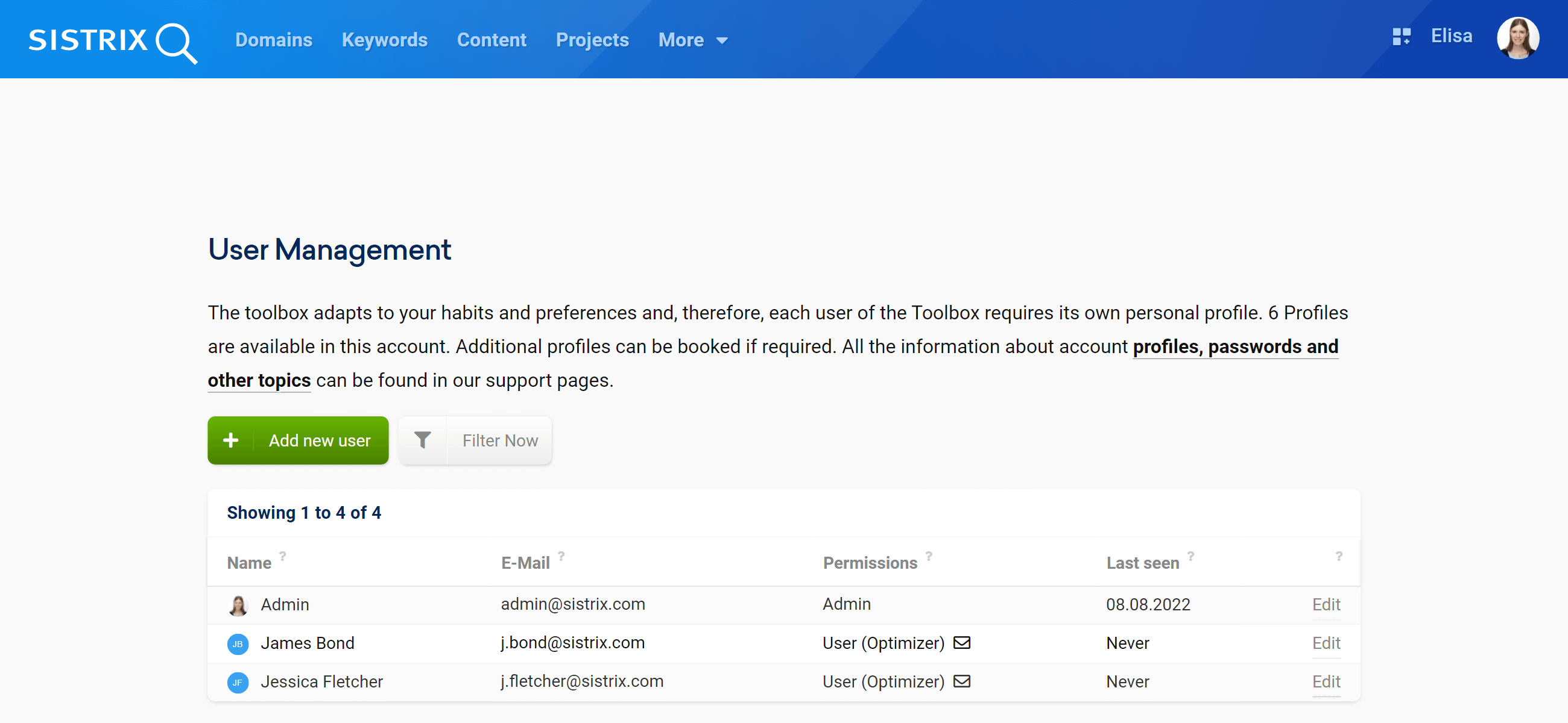 User management in the SISTRIX Toolbox