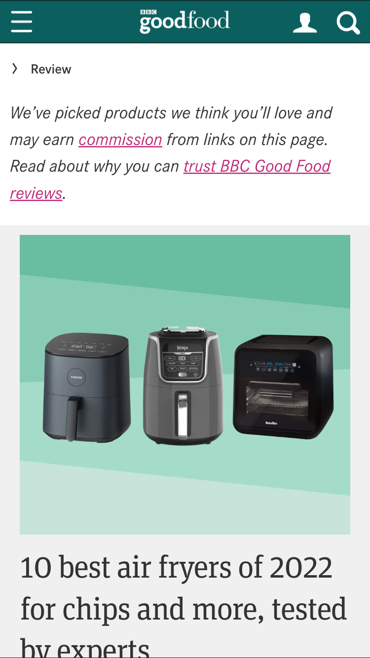 Knowledge searches are often served by non-retail websites. This is the BBC Good Food website showing information on air fryers.