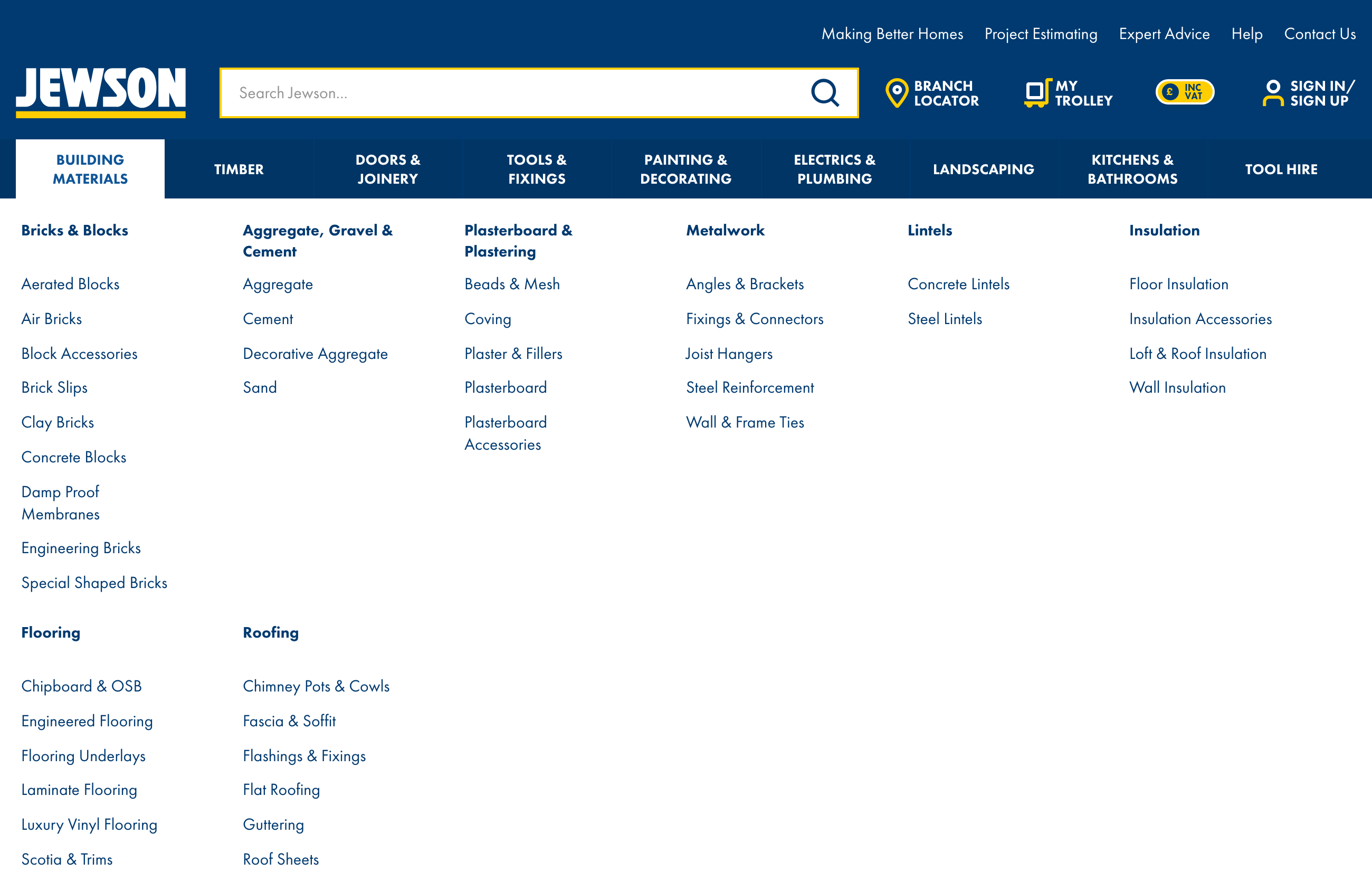 You can do the same with all other categories as well. Thinning out the menu – as seen here on jewson.co.uk – not only ensures a better distribution of links, but also makes menus clearer for users: