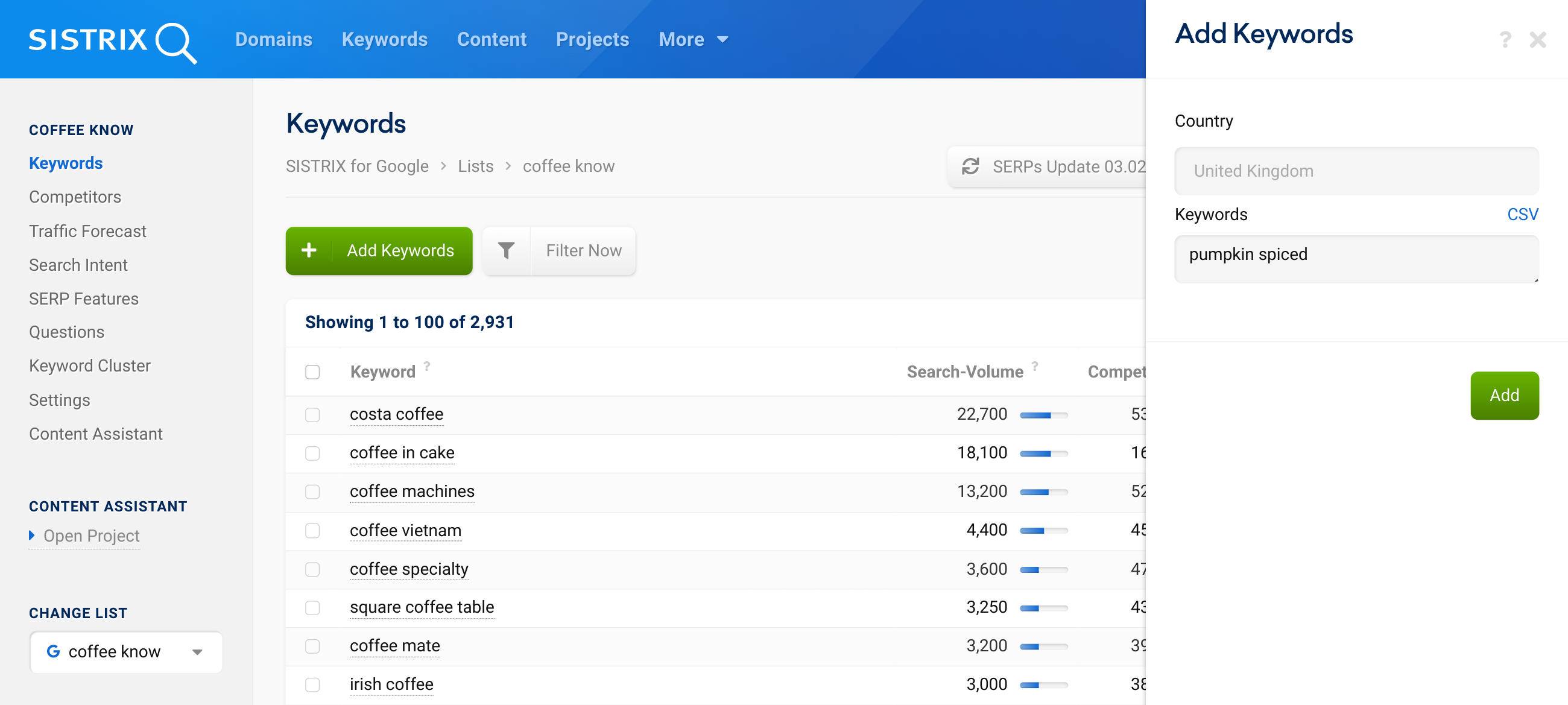 Add keywords manually to the keyword list in SISTRIX.