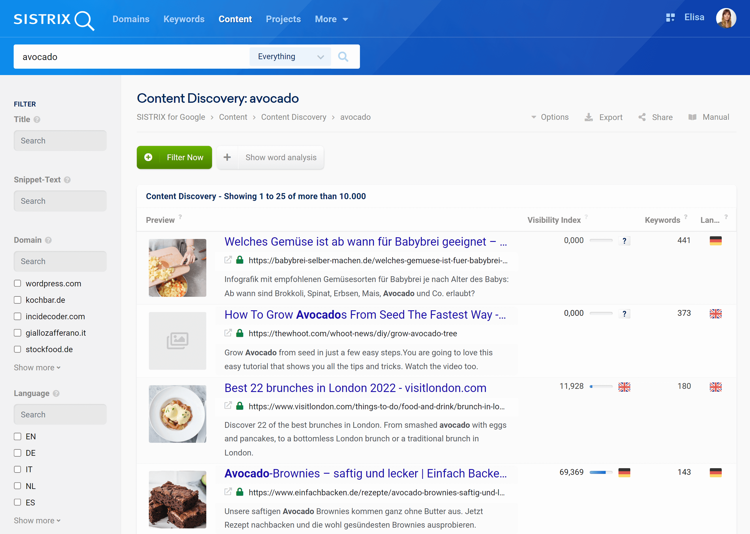 The interface of the Content Discovery tool