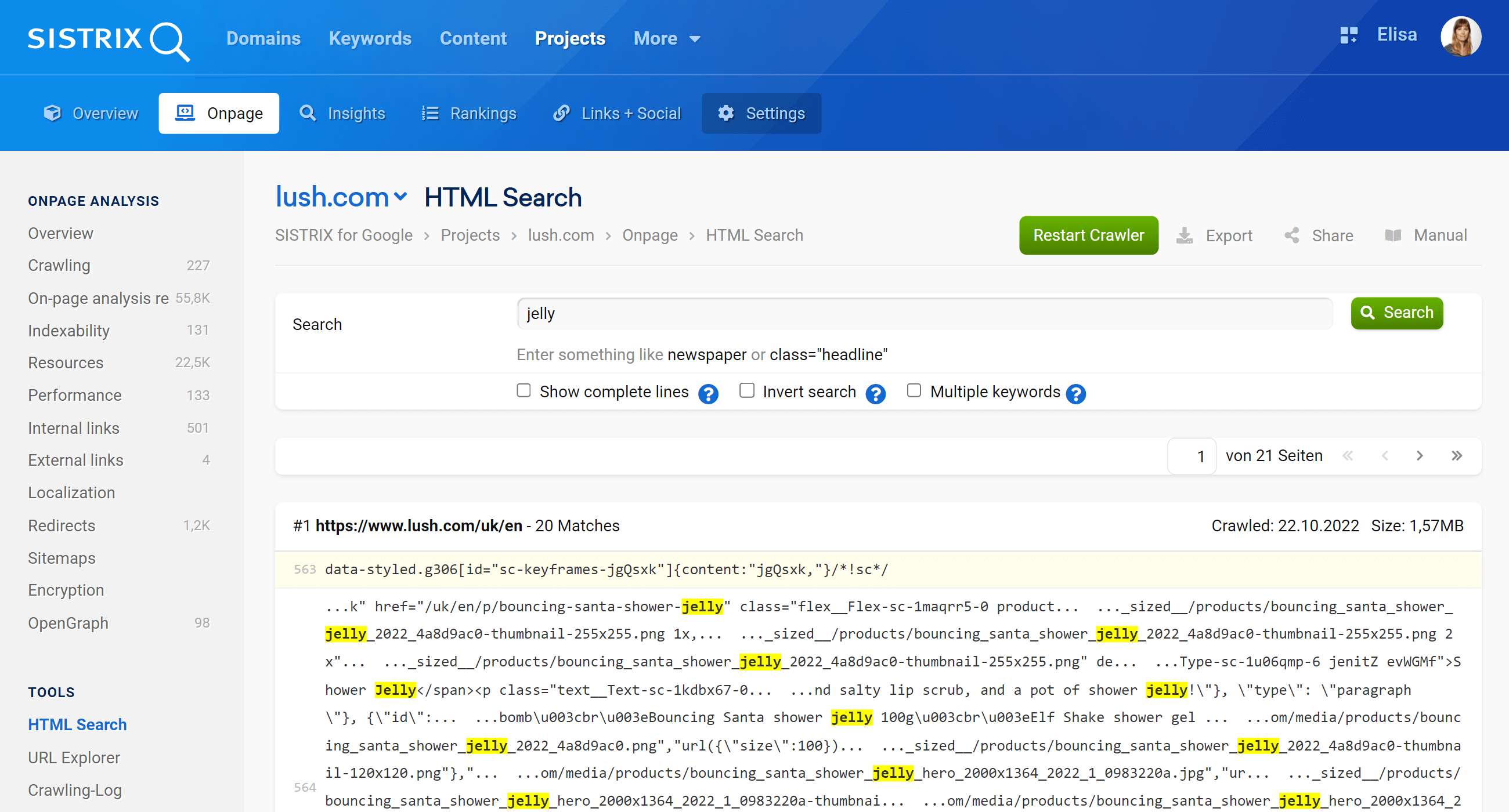 HTML Search in the SISTRIX Optimizer