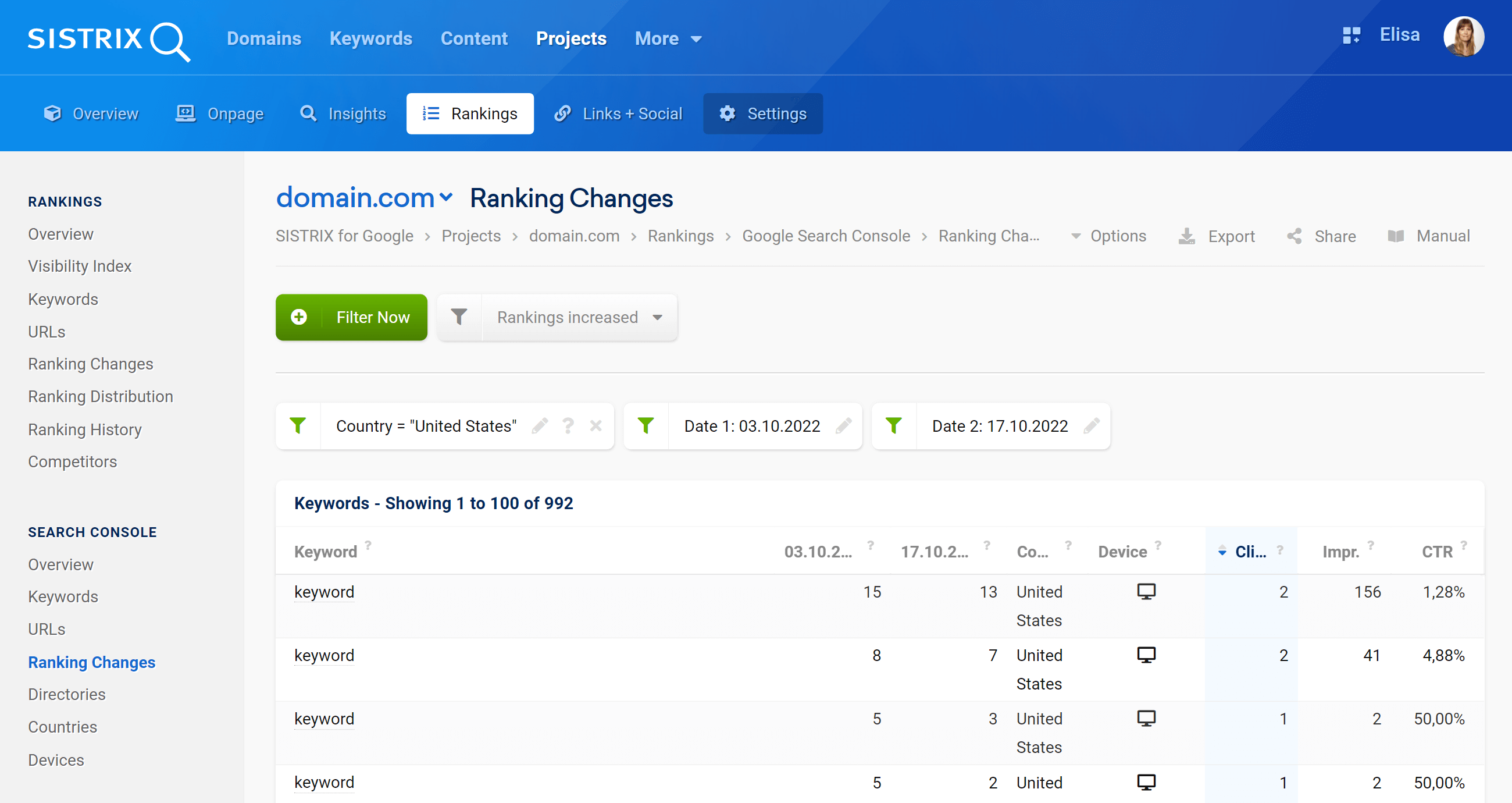 Search Console ranking changes inside the SISTRIX Optimizer