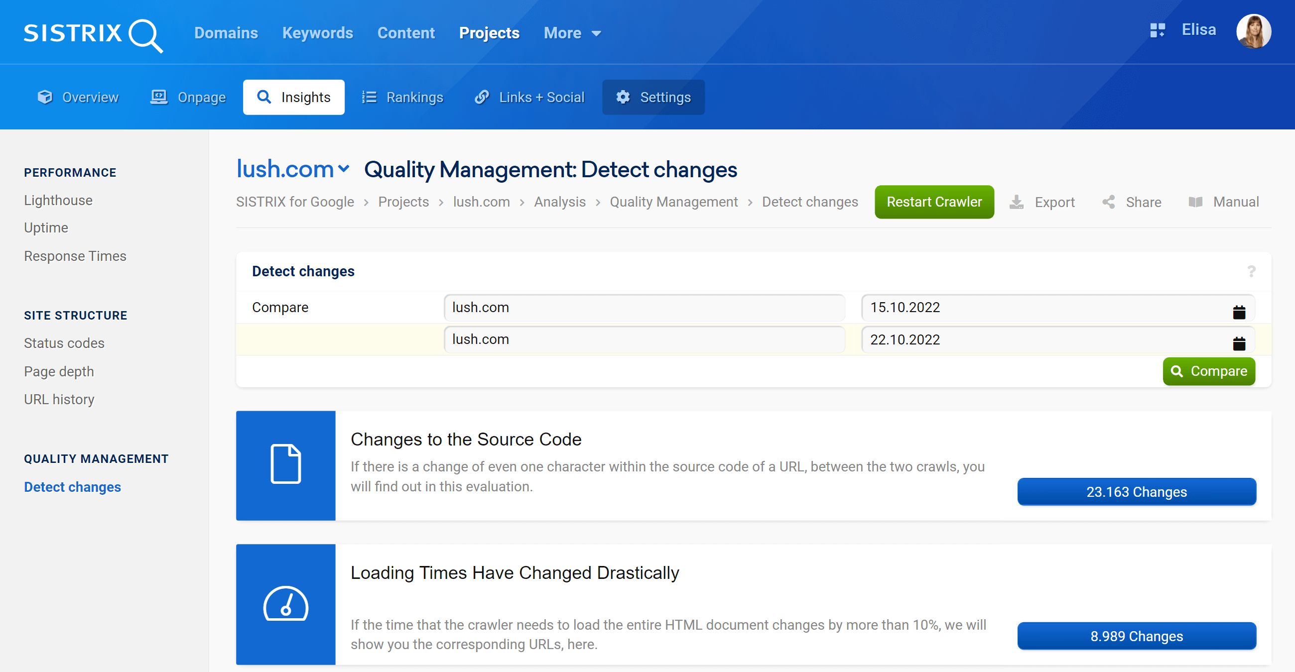 The feature "Detect changes" in the SISTRIX Optimizer