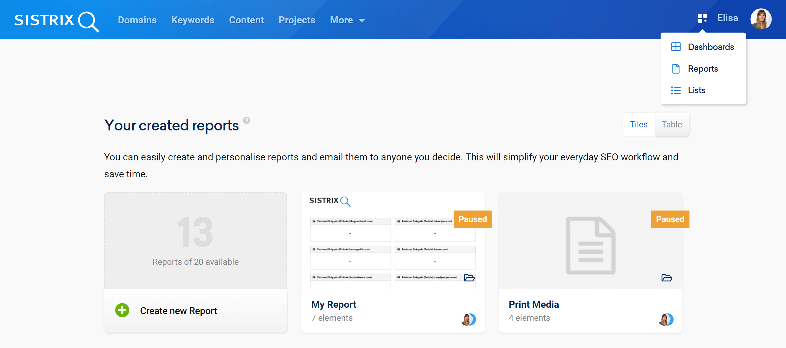 SISTRIX Toolbox: overview page for reports