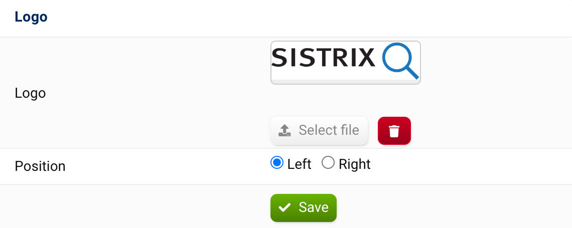 A logo file can be uploaded and the position can be set to left or right.