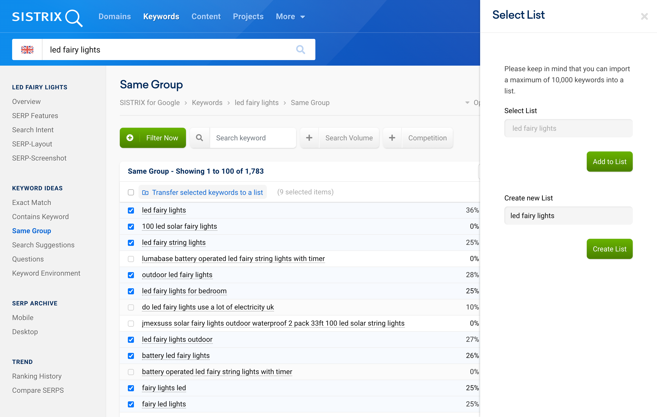 A keyword table from which keywords can be transferred to a list.