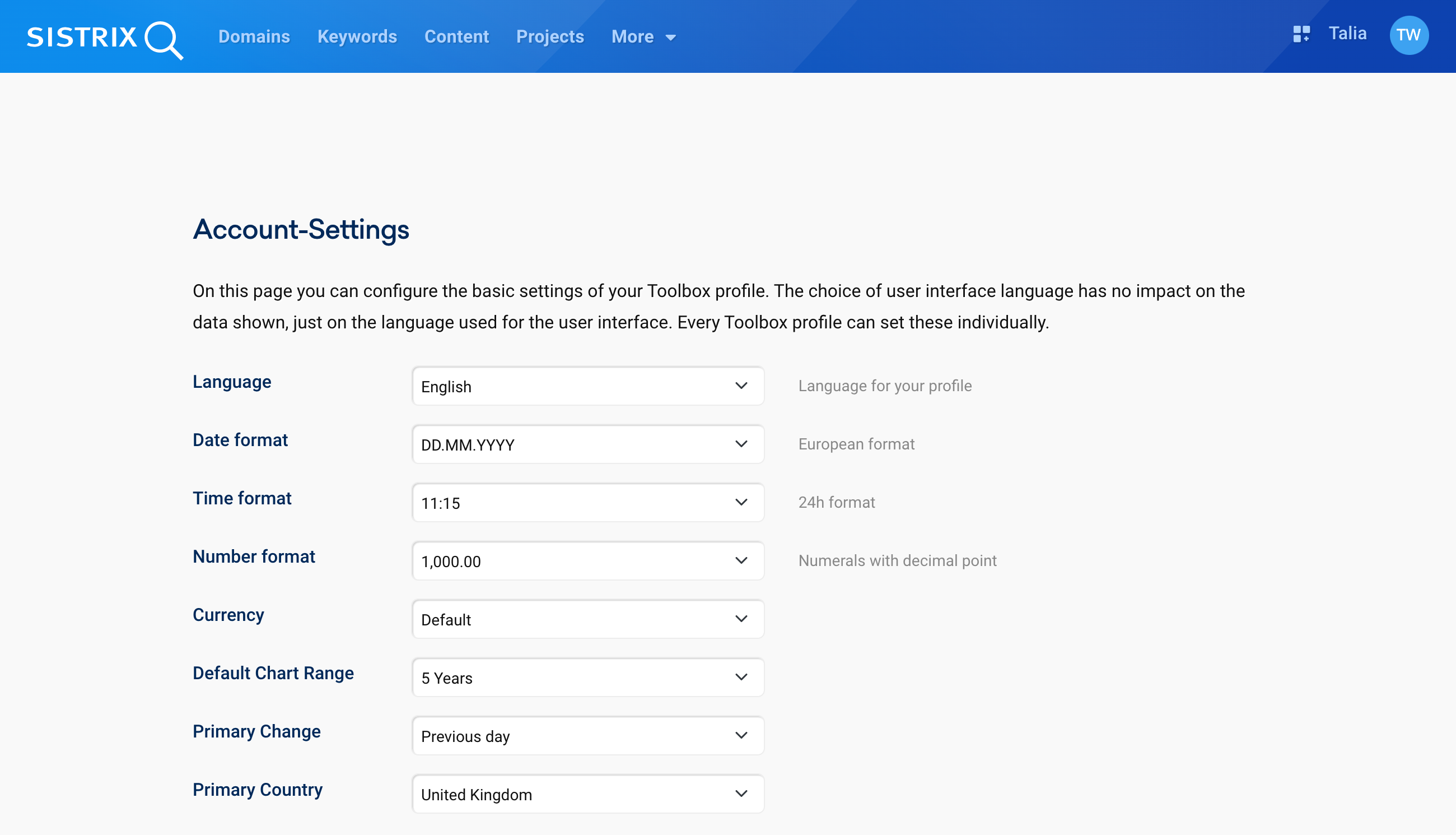 The account settings listed one after the other.