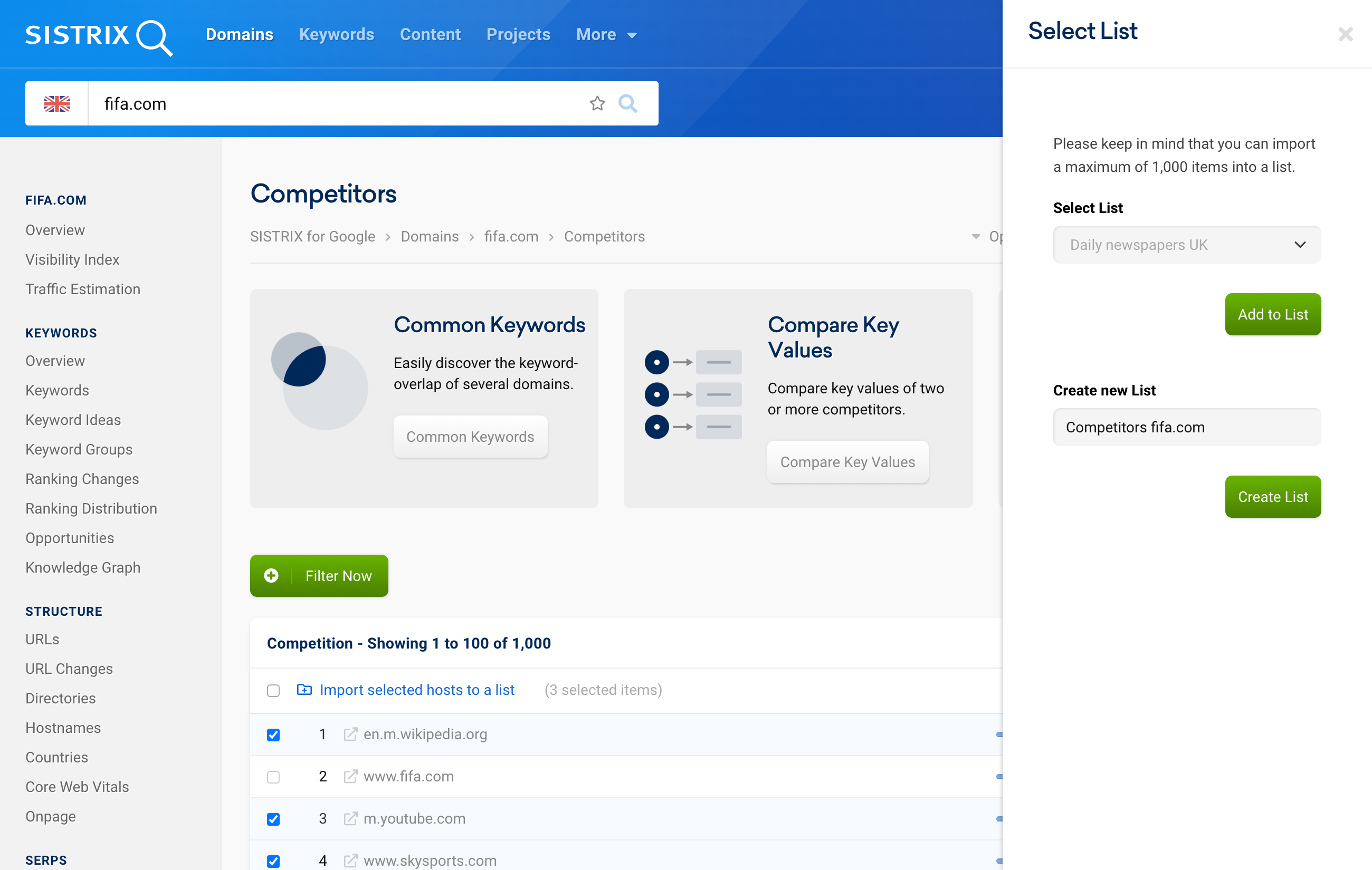 Three of the competitors of the domain fifa.com are selected in a table via the checkbox on the left. The button to import selected hosts to a list is at the top of the table. On the right side of the page, a window is open where you can select whether the elements should be added to an existing or a newly created list.