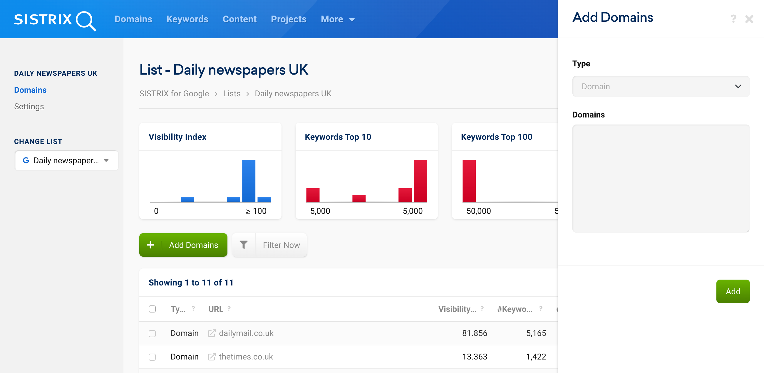 The overview page of a domain list. On the right, a window is open with the text field for entering new domains as well as a drop-down menu for the type of entry.