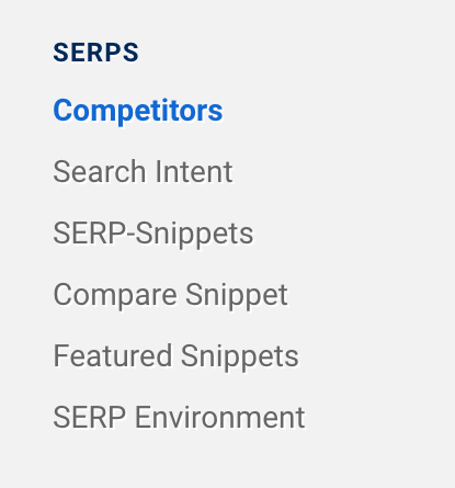 In the SISTRIX navigation on the left-hand side, there are the following menu items under "SERPS": Competitors, Search Intent, SERP-Snippets, Compare Snippet, Featured Snippets, SERP Environment.