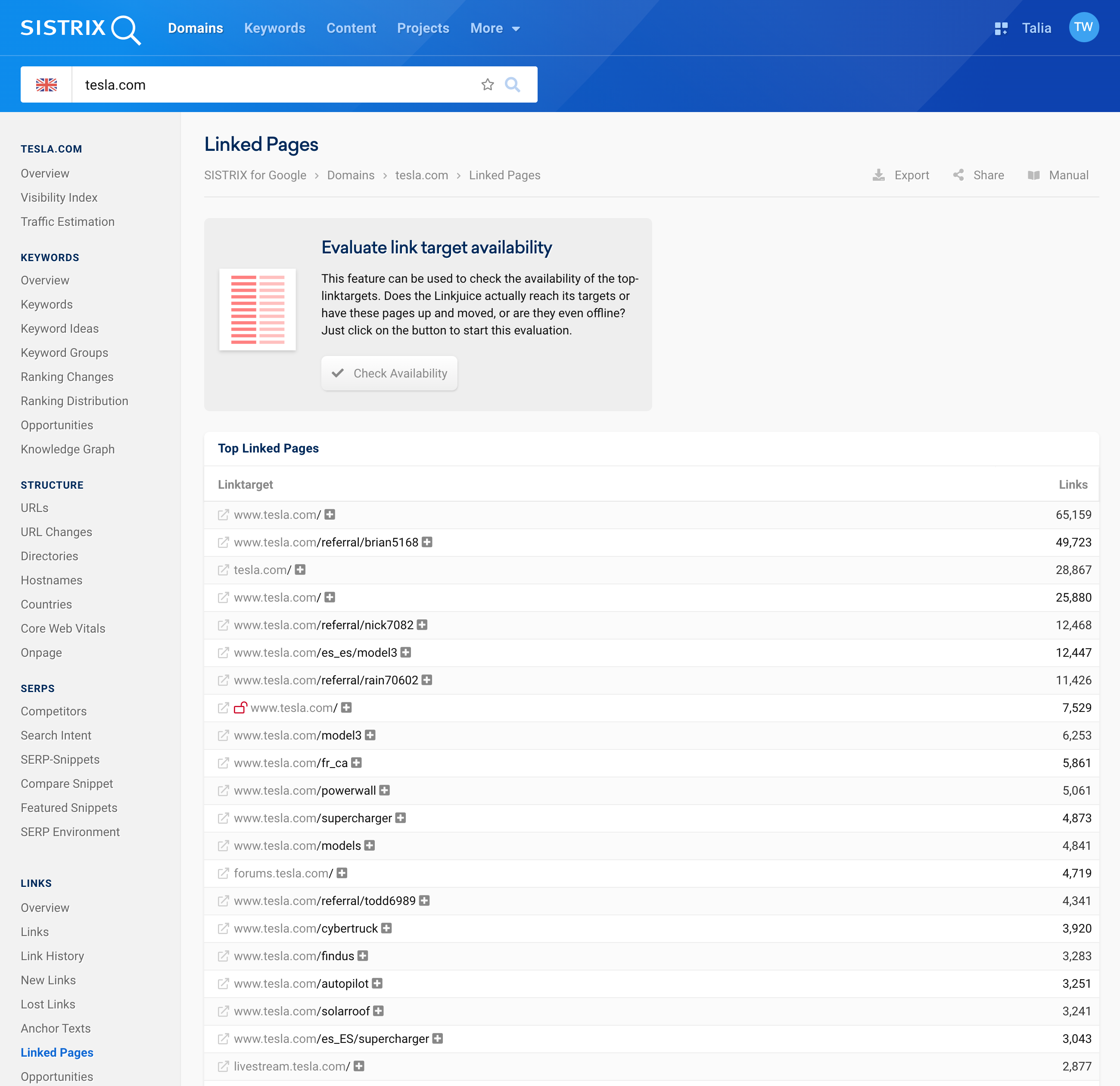 An overview of the linked pages of the domain tesla.com. The button Check Availability is at the very top.