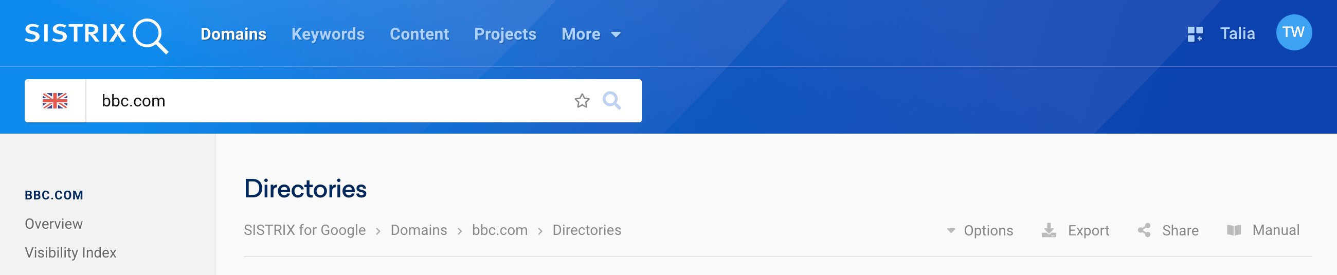 The directory overview of the domain bbc.com. Next to the #Options button, you can find the other buttons #Export, #Share and #Manual.