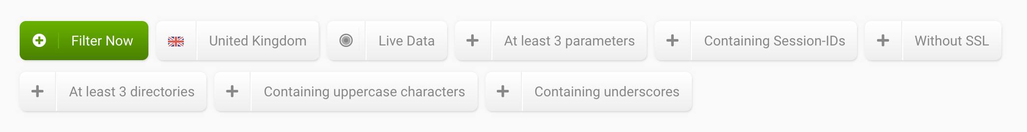 Filter options for the URL table. It is possible to filter by country, by URLs with at least three parameters, by URLs with Session-IDs, by URLs without SSL encryption, by URLs with at least three directories, by URLs with uppercase characters or by URLs with underscores. In addition, individual filters can also be created via the green button.