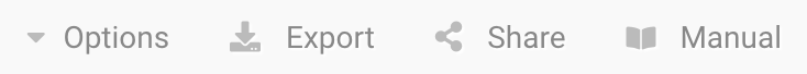 The buttons Options, Export, Share and Manual.