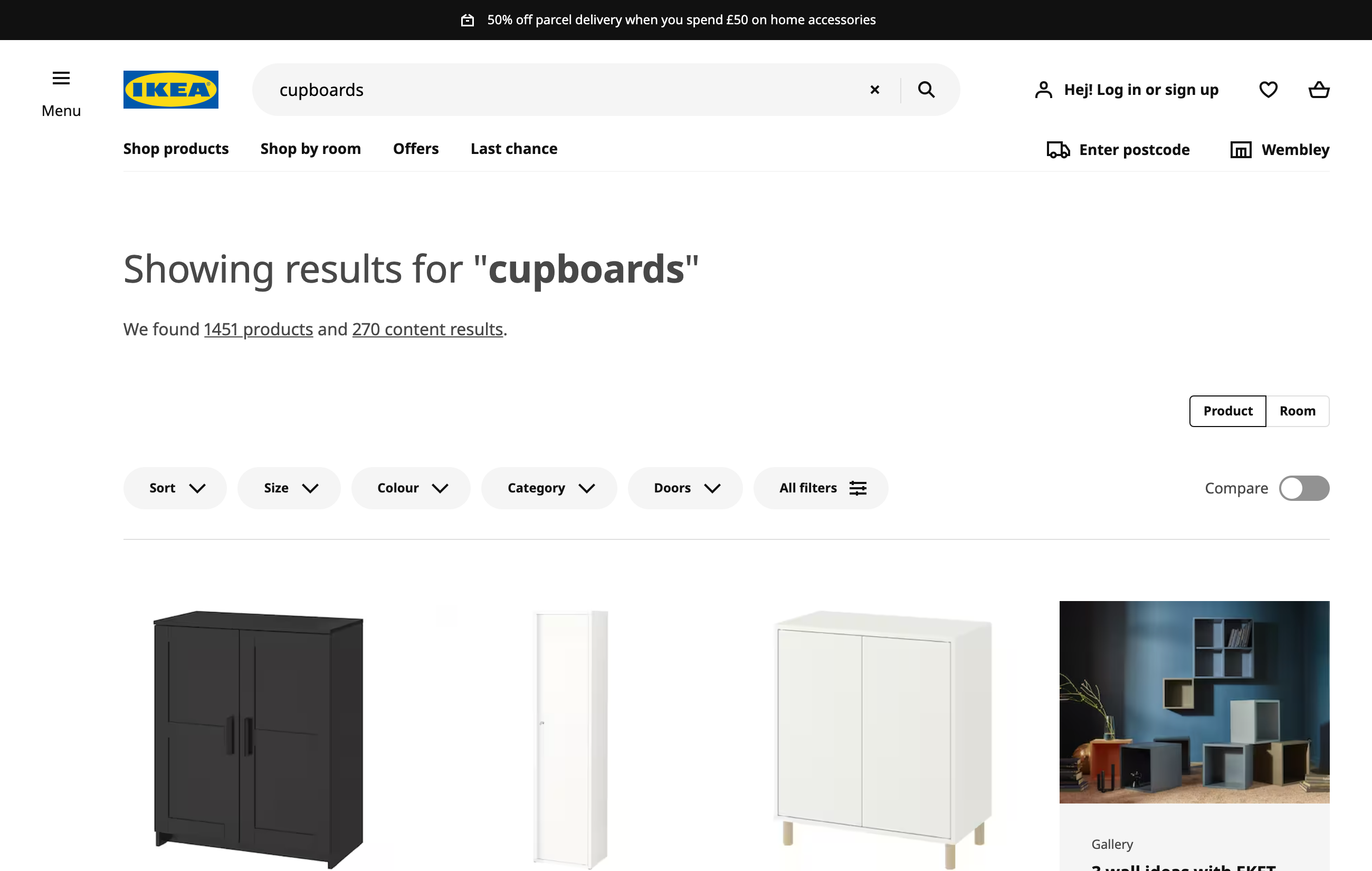 Internal search results on ikea.com for the UK and the search for cupboards. 1,451 product results are found.