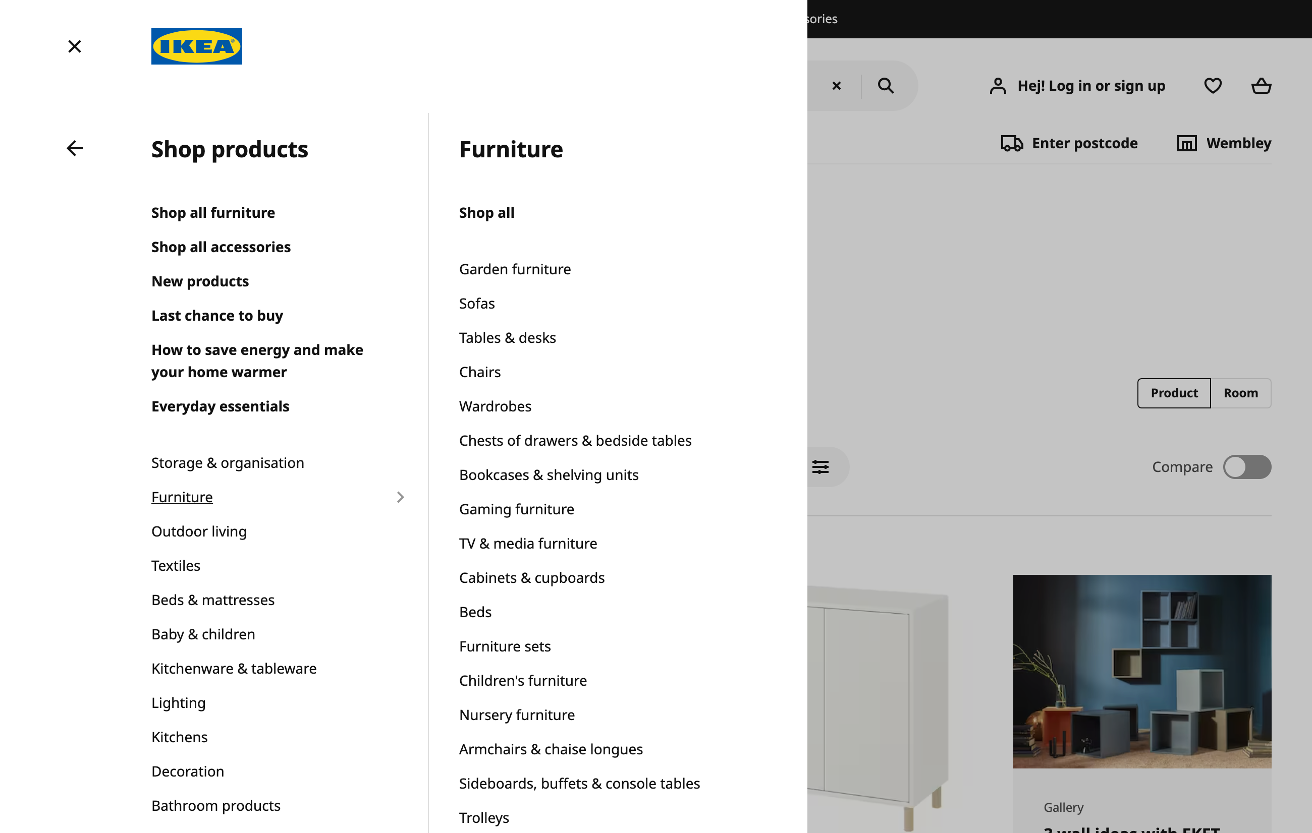 Navigation menu on ikea.com for the UK. In the menu Furniture there are several of them have something to do with cupboards: Bookcases & shelving units, Cabinets & cupboards and Sideboards, buffets & console tables.