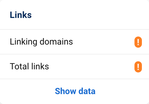 The backlink data box in the domain overview. Instead of the numbers for linking domains and total number of links, only orange exclamation marks can be seen. Below this is a blue button "Show data".