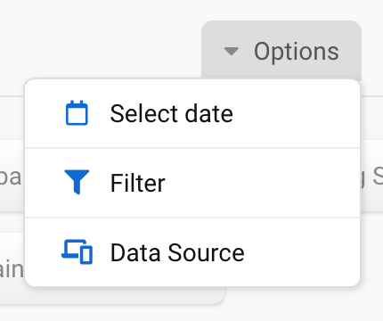 Behind the options button are the items Select date, Filter and Data Source.
