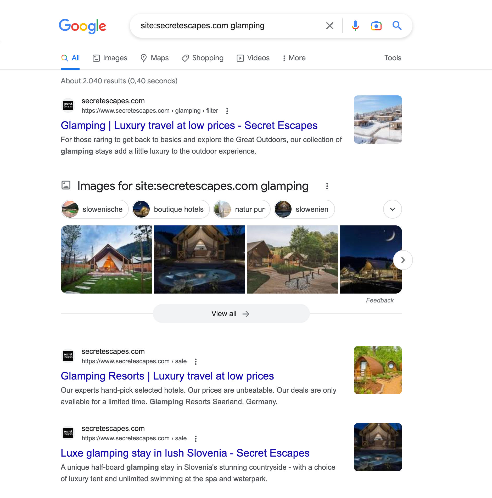 Google search results page for the query site:secretescapes.com glamping. Various subpages on secretescapes.com are displayed. Some are category pages, some are information pages, some are product pages.