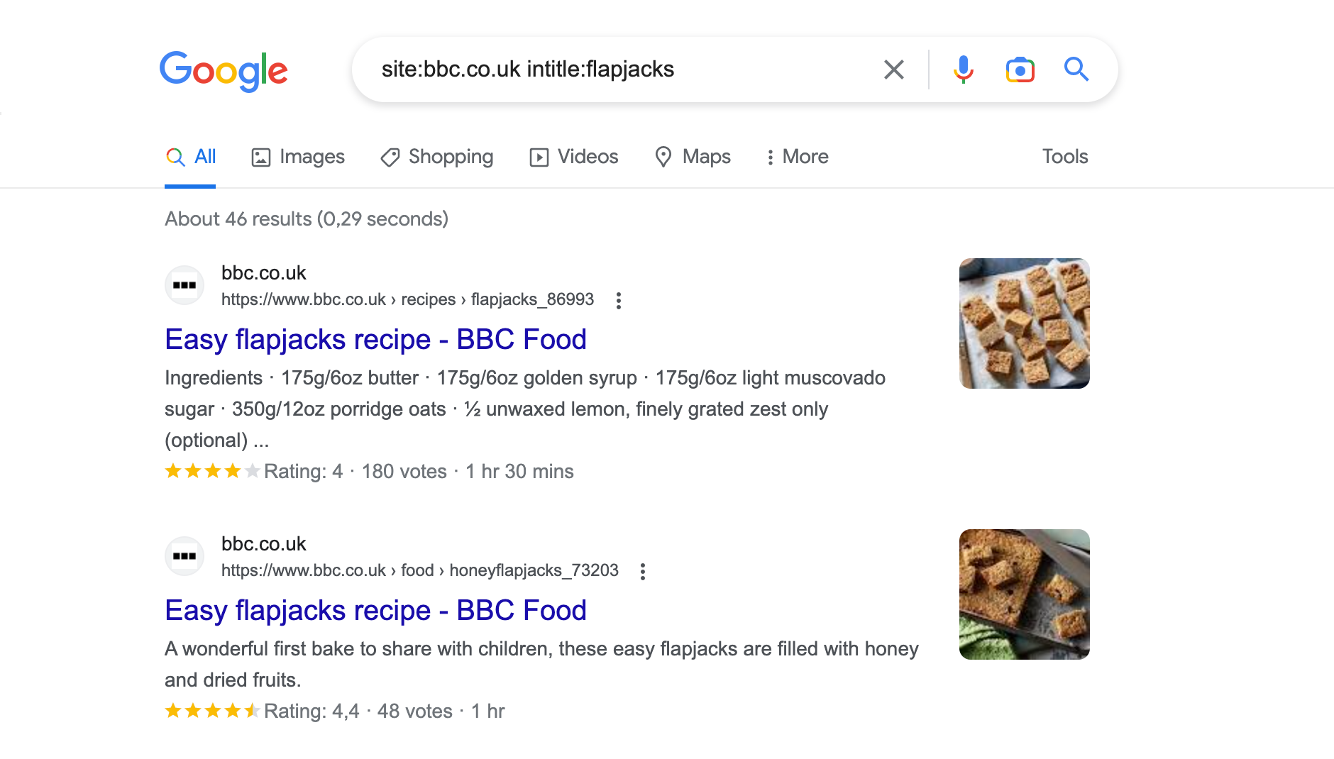 Google search results for the query site:bbc.co.uk intitle:flapjacks. About 46 results are displayed.