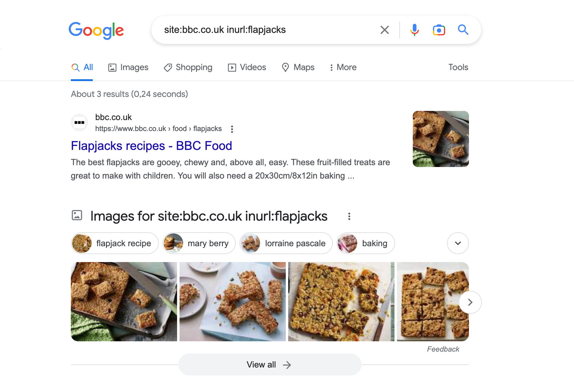 Google search result for the query site:bbc.co.uk inurl:flapjacks, About 3 results are displayed.