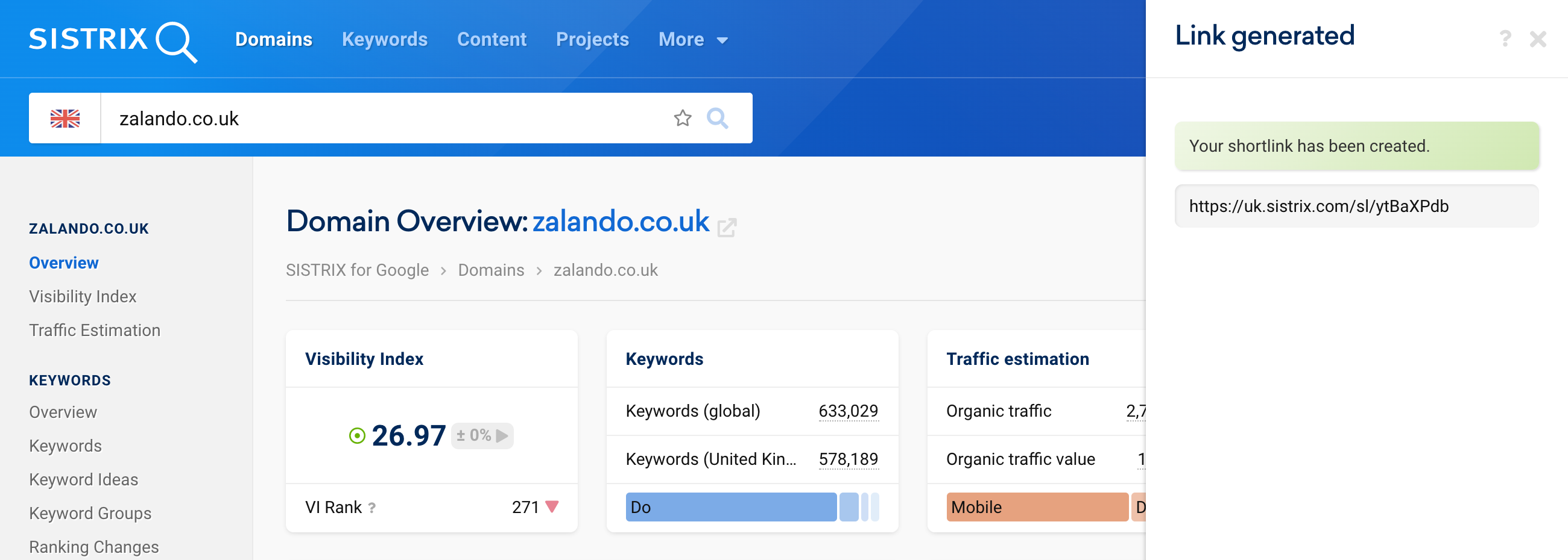 If it has been confirmed that a shortlink is to be created, a window opens with the link created, which can then be copied and shared from here.