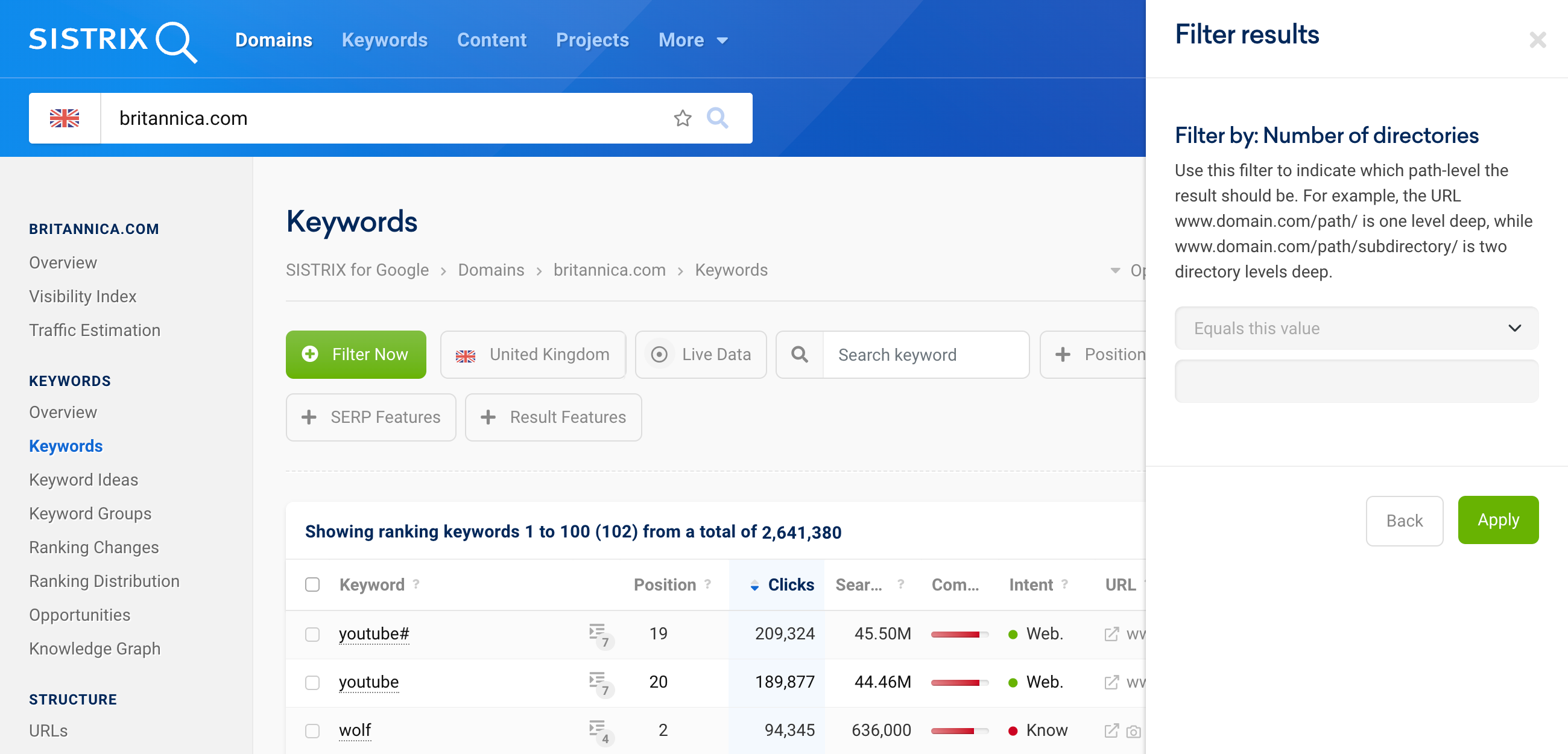 The keyword table of the domain britannica.com. On the right-hand side there is an open window for setting an individual filter. The filter by the number of directories is selected.