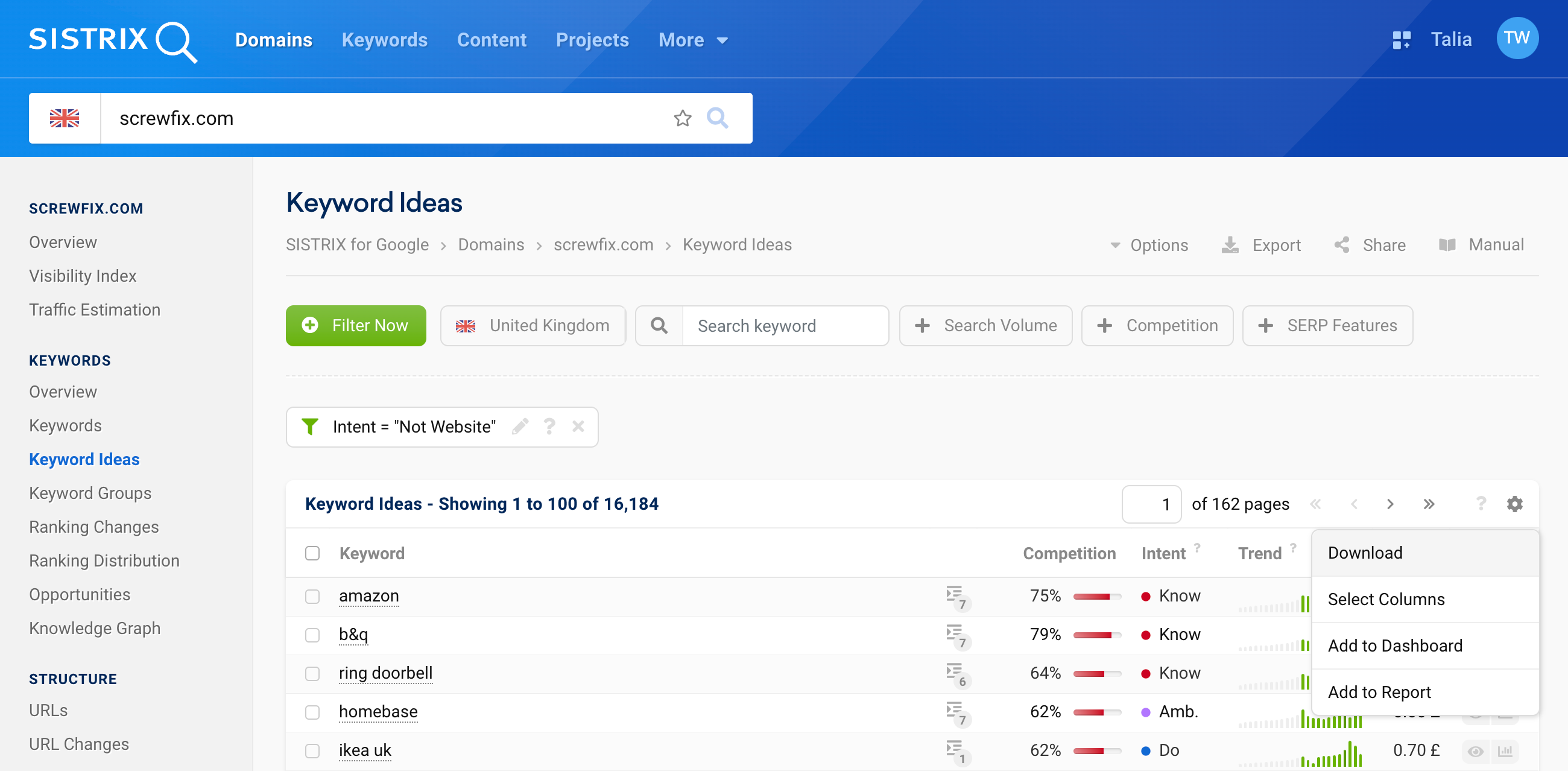 The overview of keyword ideas for the domain screwfix.com. The cogwheel at the top right of the table opens the box options, where you will find, among other things, the option to download the table. Further up the page there is also an export button, with which you can also download the table.