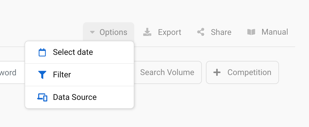 In the upper navigation bar on the right, you can find the Options button for the date, filter options and the different data sources, as well as additional buttons for exporting, sharing and the handbook.