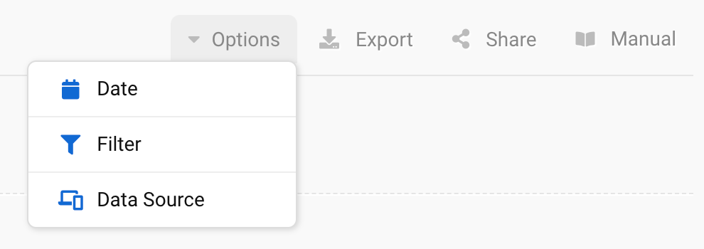 Options in the navigation on the right above the table. There are the options Date, Filter, Data Source as well as Export, Share and Manual.