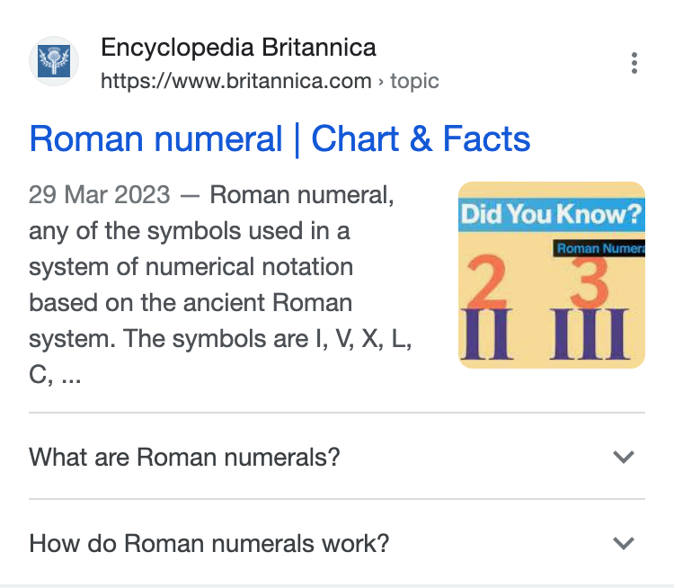The domain britannica.com ranks for the keyword #numerals roman with a search result with an image and a FAQ extension.