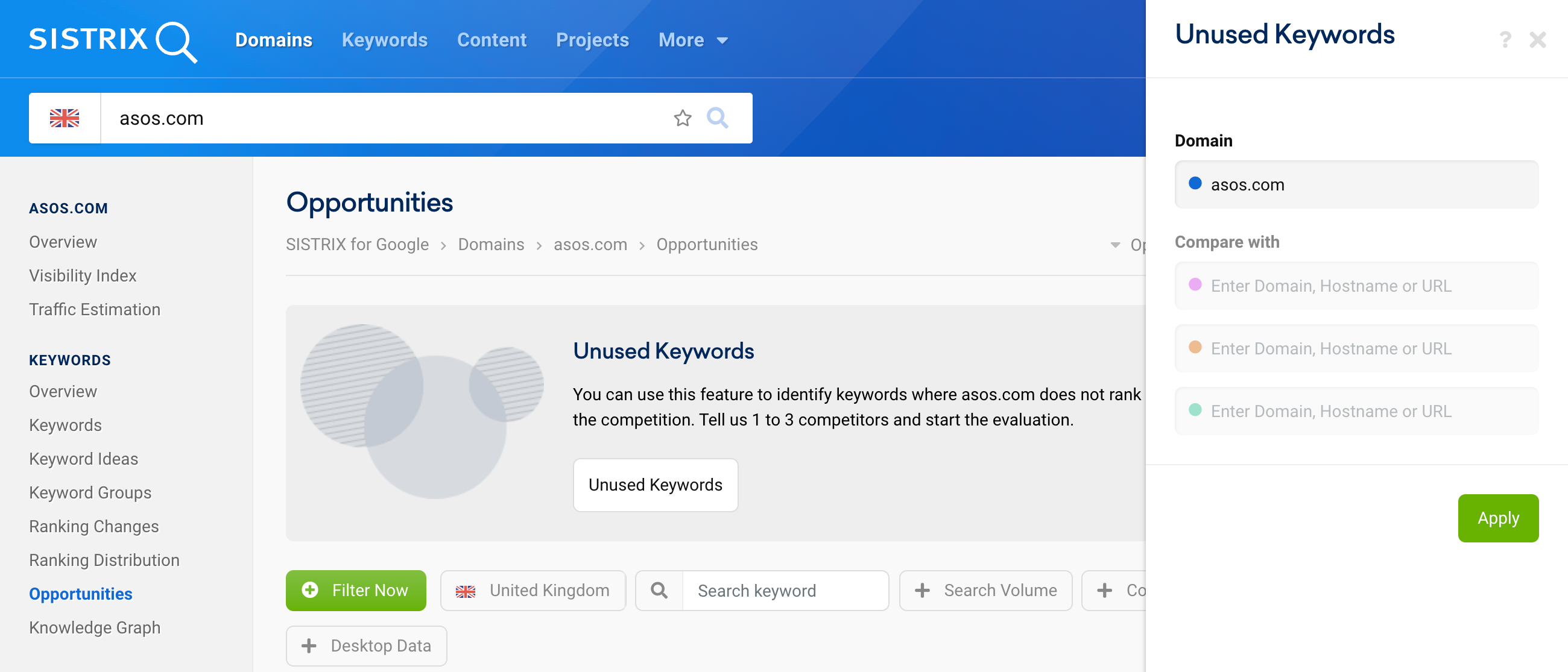 Selection for the "Unused Keywords" feature. Up to 3 competitor domains can be entered here.