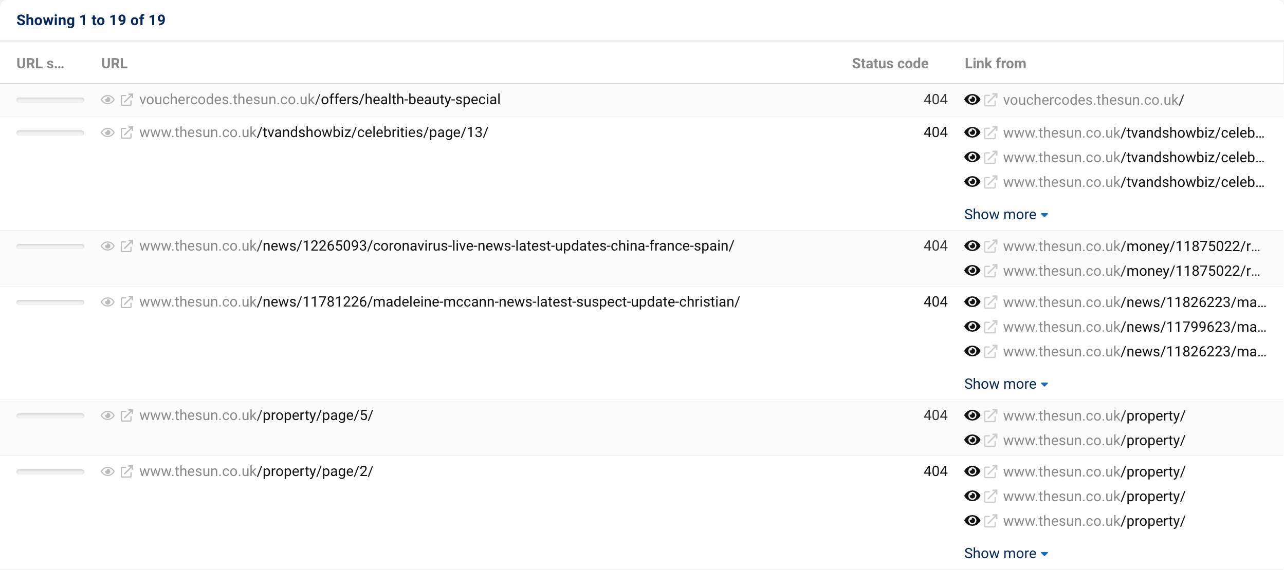 The list of URLs that could not be found in the SISTRIX OnPage project. In front of every URL there is a symbol with a box from which an arrow points to the top right.