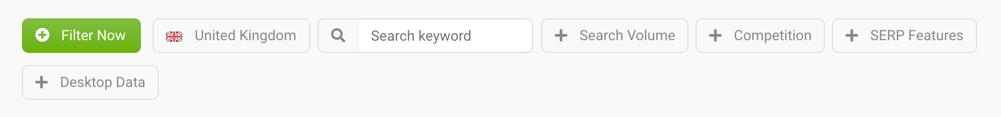 The "Filter Now" button above the table of opportunities. Next to that you will find the buttons to change the country, search for a specific term in the keywords, filter according to the search volume, the competition or SERP features, or access the desktop data.