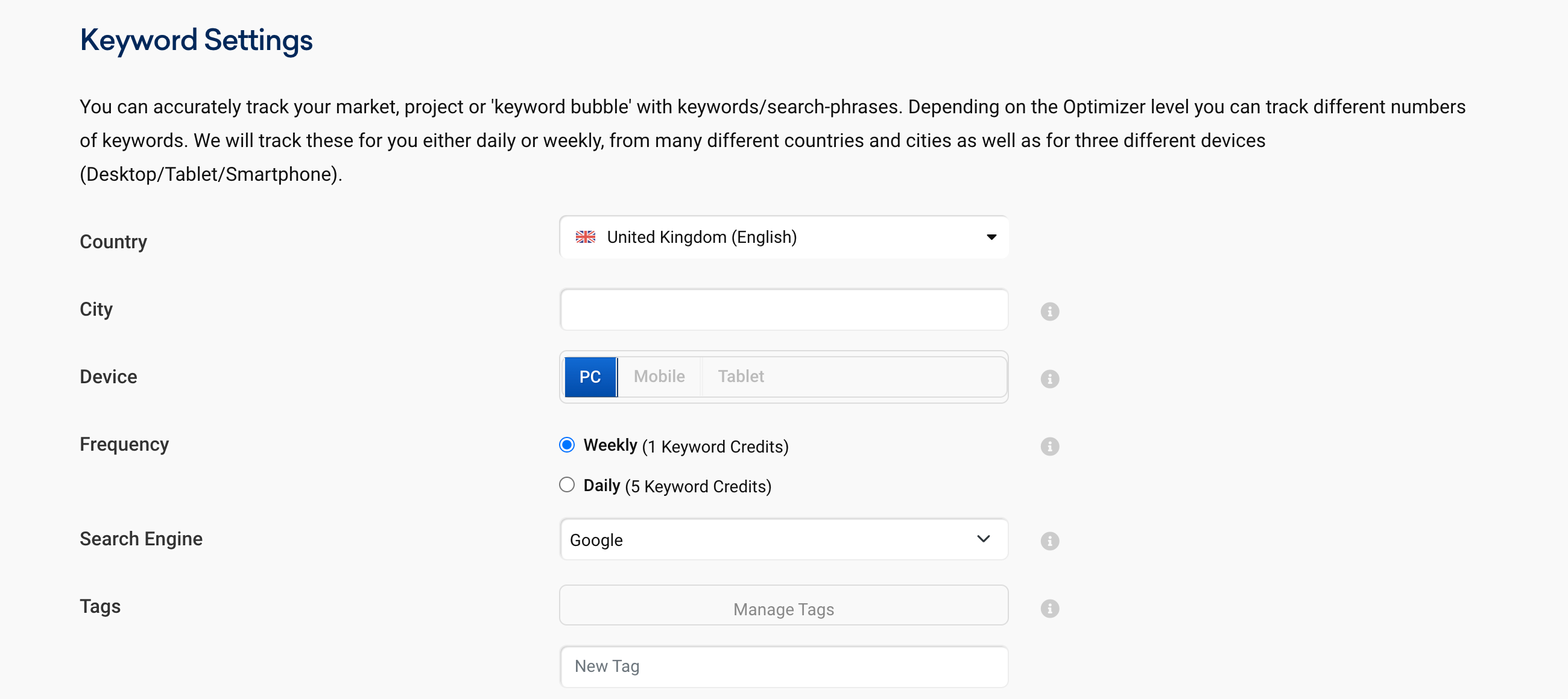 The keyword settings for the SISTRIX Onpage project for local tracking, different devices or search engines, for example.