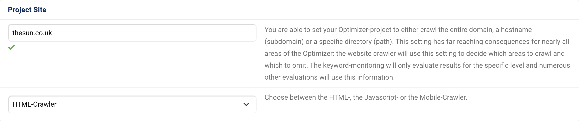 The project site. In this case "thesun.co.uk" is entered.