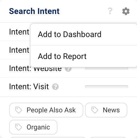 The search intent box for the keyword air fryer on the keyword overview page. At the top right, there is a cogwheel with which you can open the buttons to add to a dashboard or a report.